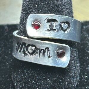 NEW HANDMADE & UNIQUE Silver 'I Love Mom' Ring with Red Accents